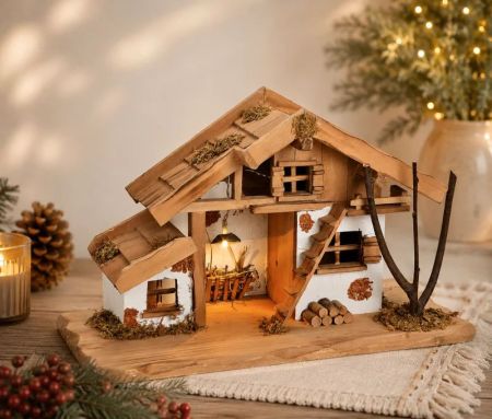 Maison de crèche en bois pin MDF éclairage LED toit mousse échelle murs blancs L39 x H23 x P19cm