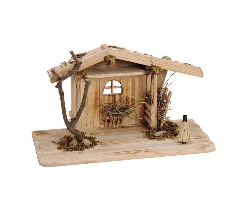 Maison de crèche en bois de pin naturel toit mousse fenêtre arquée paille branche L41 x H22 x P19cm