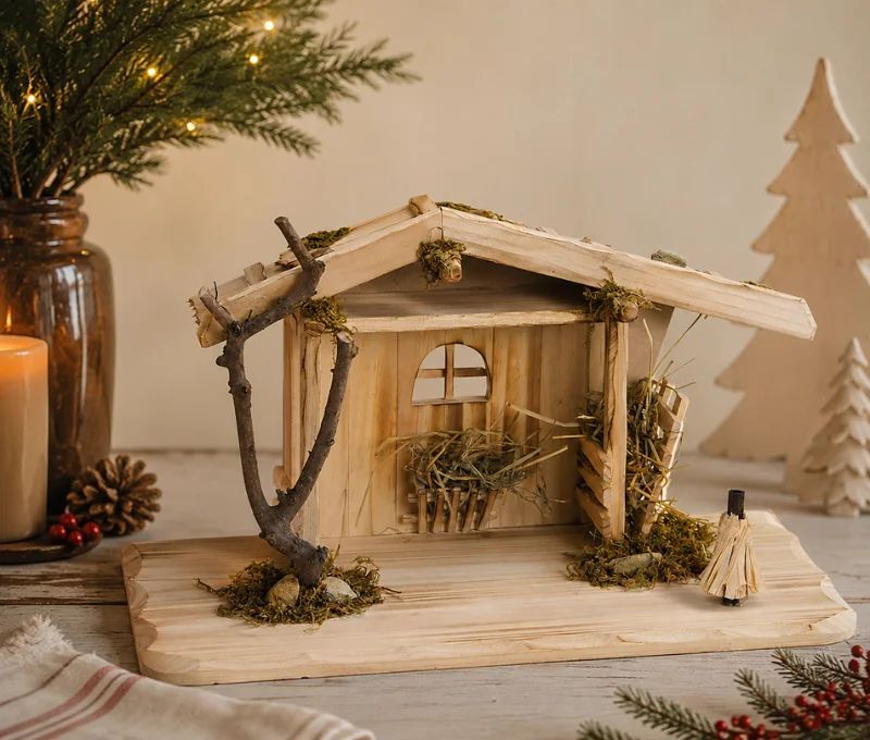 Maison de crèche en bois de pin naturel toit mousse fenêtre arquée paille branche L41 x H22 x P19cm