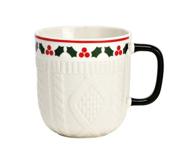 Tasse en porcelaine effet pull texture tricot motif houx baies rouges anse verte 350ml