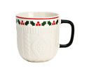 Voir la slide Tasse en porcelaine effet pull texture tricot motif houx baies rouges anse verte 350ml