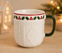 See slide Porcelain knit-effect mug textured cable pattern holly red berries green handle 350ml
