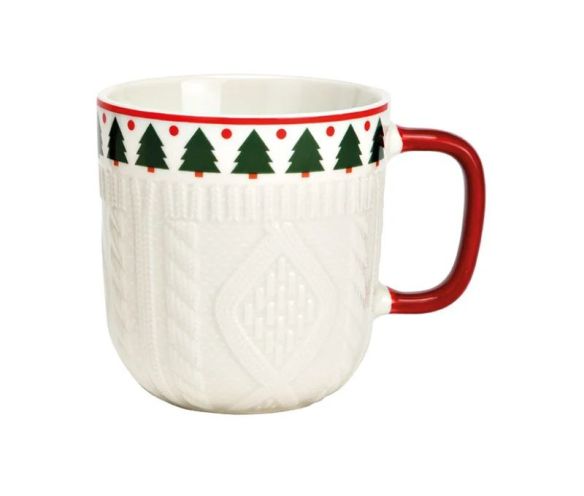 Tasse en porcelaine effet pull texture tricot motif sapins de Noël pois rouges anse rouge 350ml