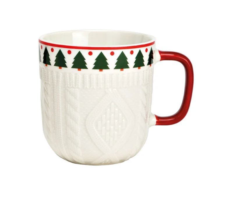 Porcelain knit-effect mug textured cable pattern Christmas trees red dots red handle 350ml