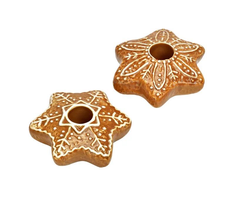 Bougeoir en porcelaine forme étoile effet pain d'épice marron motifs flocon de neige blancs D9cm