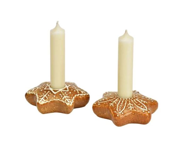 Bougeoir en porcelaine forme étoile effet pain d'épice marron motifs flocon de neige blancs D9cm