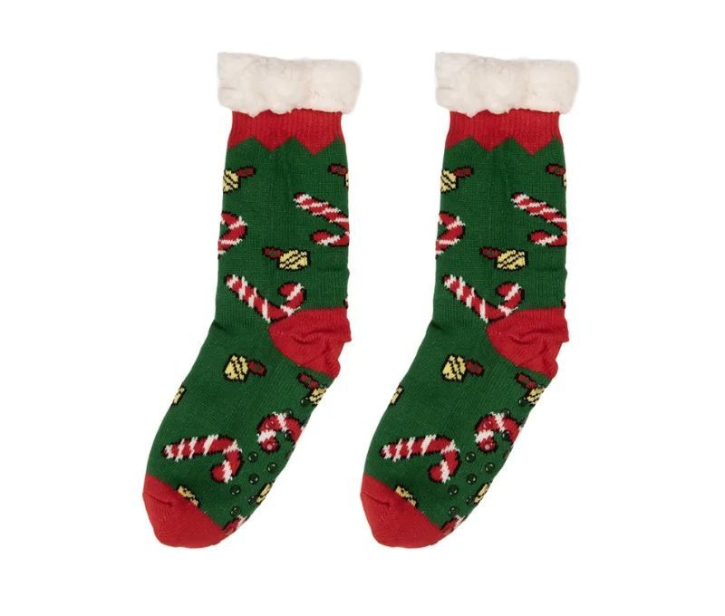 Green Christmas socks white faux fur cuff red zigzag border candy cane gold bell motifs red heel toe non-slip sole one size