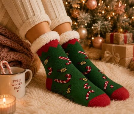 Chaussettes de Noël vertes revers fausse fourrure blanche bordure zigzag rouge