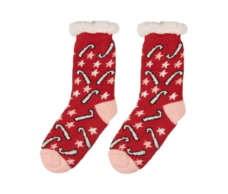 Chaussettes de Noël rouges revers fausse fourrure blanche talon pointe rose motifs sucres d'orge étoiles