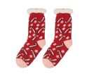 See slide Red Christmas socks white faux fur cuff pink heel toe candy cane pink star motifs non-slip sole one size
