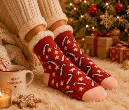 Chaussettes de Noël rouges revers fausse fourrure blanche talon pointe rose motifs sucres d'orge étoiles