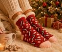 See slide Red Christmas socks white faux fur cuff pink heel toe candy cane pink star motifs non-slip sole one size