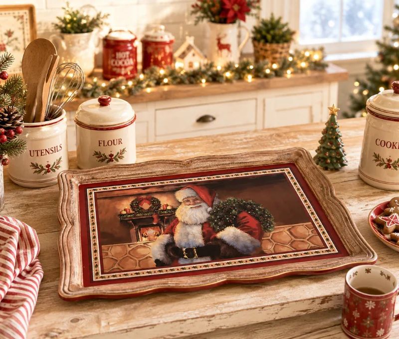Plateau de Noël rectangulaire scène Père Noël cheminée couronne sapin bas de Noël 31x22x2cm