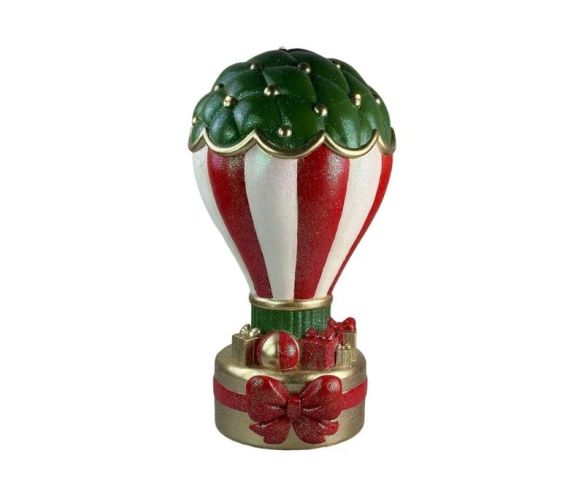 Montgolfière décorative de Noël en céramique rouge, éclairage LED intégré, socle doré cadeaux, Ø32xH61cm.
