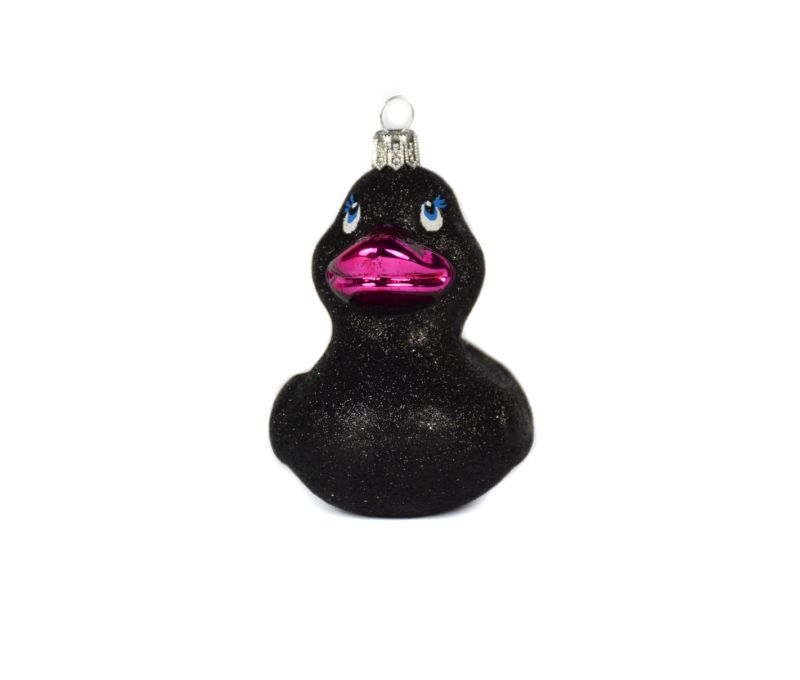 Suspension sapin de Noël originale canard noir avec bec rose - 11cm