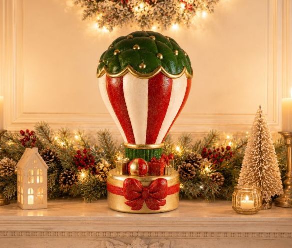 Montgolfière décorative de Noël en céramique rouge, éclairage LED intégré, socle doré cadeaux, Ø32xH61cm.