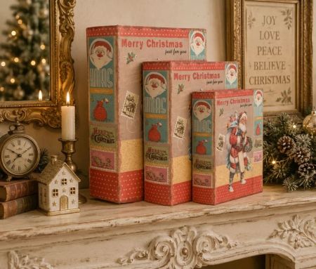 Boîte de rangement forme livre rouge motif vintage Père Noël XMAS Merry Christmas timbres traîneau set de 3 tailles 27/22/17cm