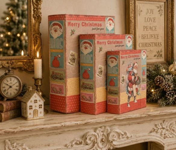 Boîte de rangement forme livre rouge motif vintage Père Noël XMAS Merry Christmas timbres traîneau set de 3 tailles 27/22/17cm