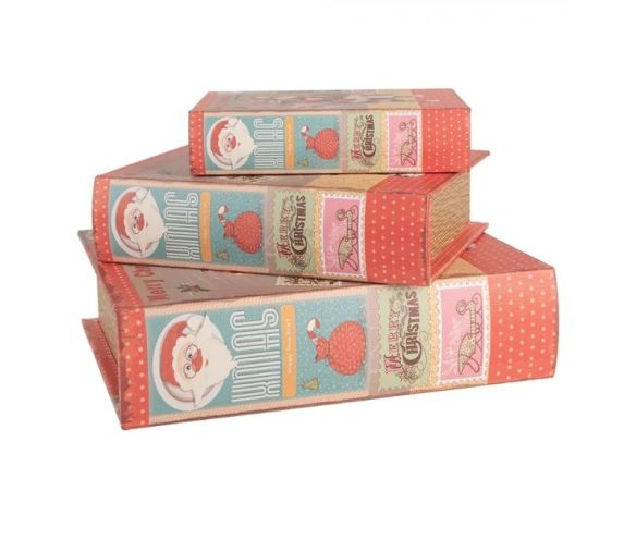 Boîte de rangement forme livre rouge motif vintage Père Noël XMAS Merry Christmas timbres traîneau set de 3 tailles 27/22/17cm