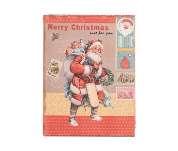 Boîte de rangement forme livre rouge motif vintage Père Noël XMAS Merry Christmas timbres traîneau set de 3 tailles 27/22/17cm