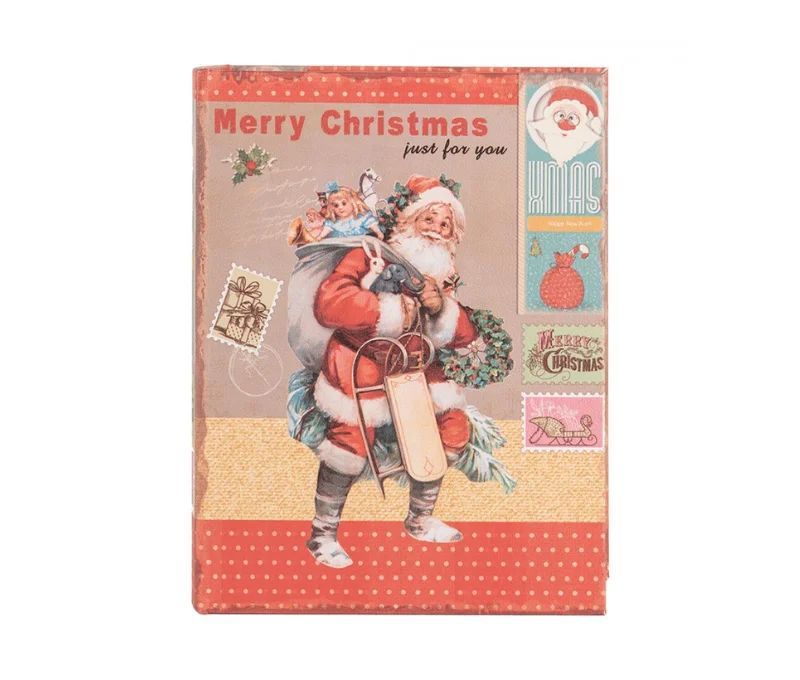 Boîte de rangement forme livre rouge motif vintage Père Noël XMAS Merry Christmas timbres traîneau set de 3 tailles 27/22/17cm