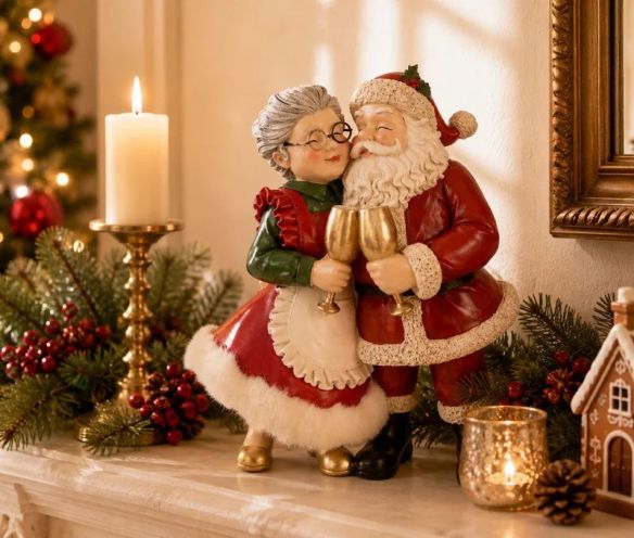 Figurine de Noël Père Noël Mère Noël enlacés trinquant coupes dorées rouge vert blanc L20xl12xH26cm