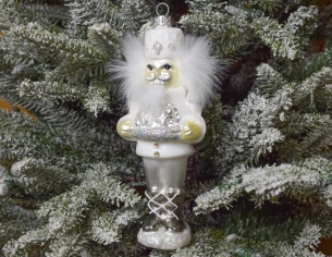 Boule de noël casse-noisette blanc et argenté, verre soufflé Hauteur 17cm