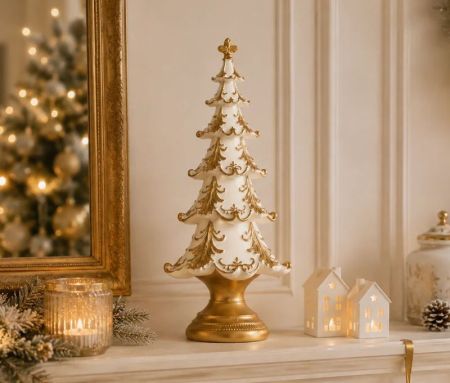 Christmas decoration white tree gold baroque relief pattern gold base Ø13xH30cm
