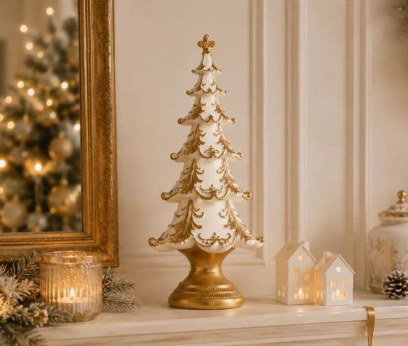 Décoration de Noël sapin blanc reliefs dorés baroques socle doré Ø13xH30cm