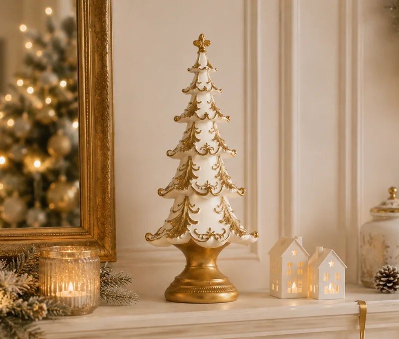 Décoration de Noël sapin blanc reliefs dorés baroques socle doré Ø13xH30cm