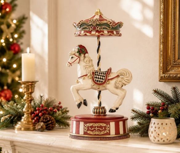 Music box carousel cream white horse red green gold canopy red gold striped base Ø12xH24cm