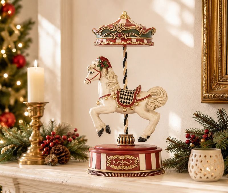 Music box carousel cream white horse red green gold canopy red gold striped base Ø12xH24cm