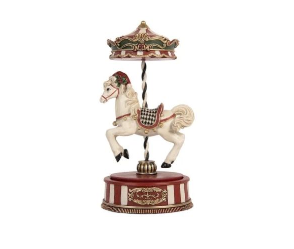 Boîte à musique carrousel cheval blanc crème couronne rouge verte dorée socle rouge rayé doré Ø12xH24cm