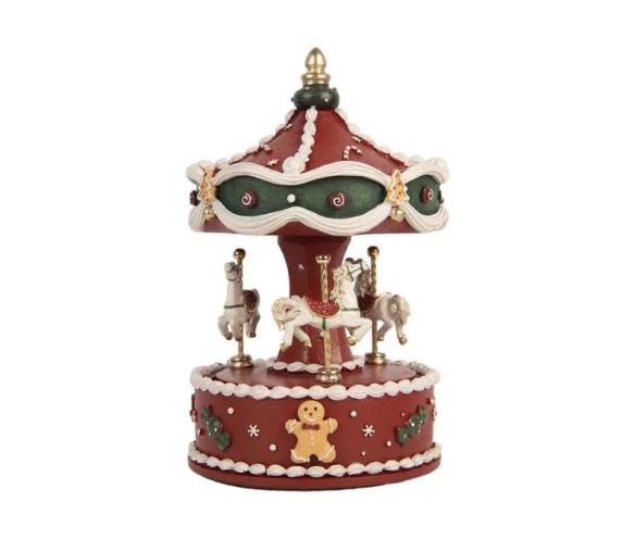 Boîte à musique carrousel rouge chevaux blancs toit vert et blanc pain d'épice bonbons Ø12xH19cm