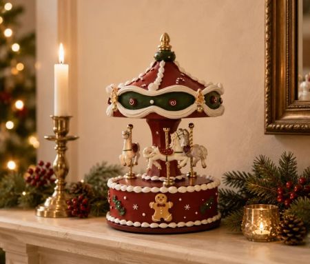 Boîte à musique carrousel rouge chevaux blancs toit vert et blanc pain d'épice bonbons Ø12xH19cm