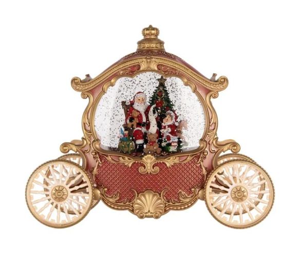 Décoration de Noël carrosse rouge doré boule à neige lumineuse Père Noël roues dorées L26xl11xH20cm