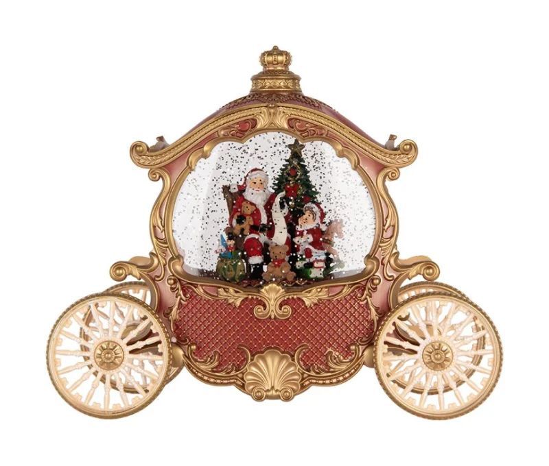 Décoration de Noël carrosse rouge doré boule à neige lumineuse Père Noël roues dorées L26xl11xH20cm