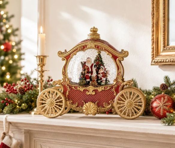 Décoration de Noël carrosse rouge doré boule à neige lumineuse Père Noël roues dorées L26xl11xH20cm