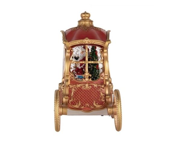 Décoration de Noël carrosse rouge doré boule à neige lumineuse Père Noël roues dorées L26xl11xH20cm