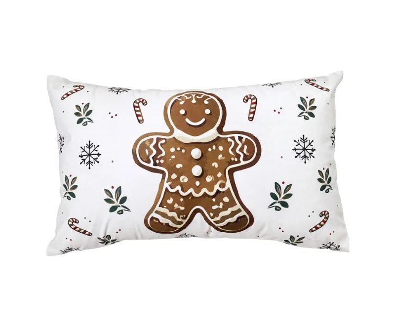 Coussin de Noël blanc bonhomme pain d'épice sucres d'orge flocons de neige houx 30x50x4cm