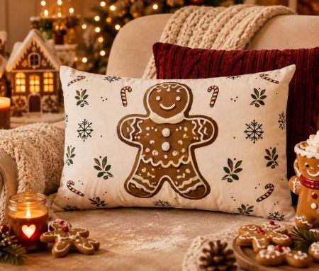 Coussin de Noël blanc bonhomme pain d'épice sucres d'orge flocons de neige houx 30x50x4cm