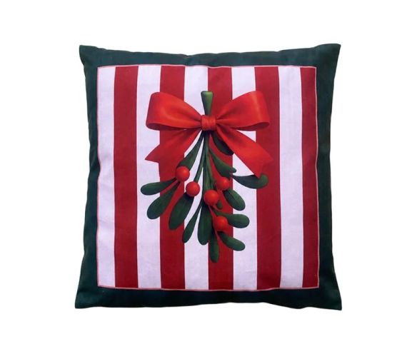 Coussin de Noël rayures rouge blanc bordure velours vert gui nœud rouge baies 45x45x4cm