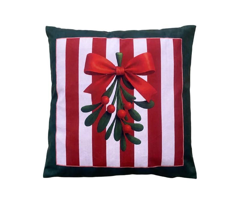Coussin de Noël rayures rouge blanc bordure velours vert gui nœud rouge baies 45x45x4cm