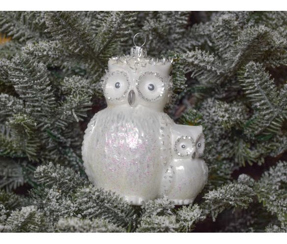 Décoration Noël verre soufflé maman hibou et son petit blanc irisé paillettes argentées H13cm