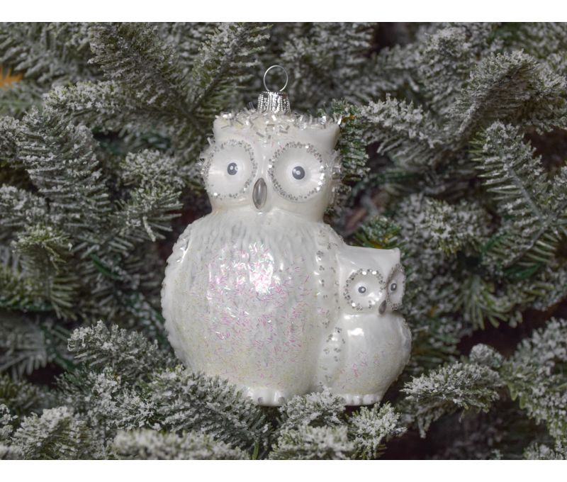 Décoration Noël verre soufflé maman hibou et son petit blanc irisé paillettes argentées H13cm