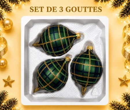 Coffret 3 gouttes de Noël verre soufflé motif tartan bleu vert doré pailleté Ø7cm H10cm