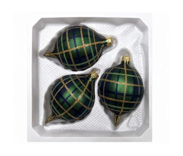 Coffret 3 gouttes de Noël verre soufflé motif tartan bleu vert doré pailleté Ø7cm H10cm