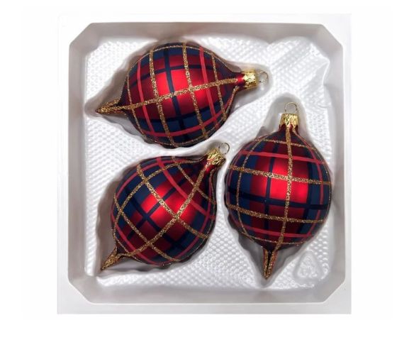 Coffret 3 gouttes de Noël verre soufflé motif tartan rouge bleu marine doré pailleté Ø7cm H10cm