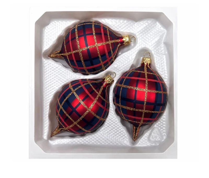 Set of 3 Christmas drops blown glass red navy blue gold glitter tartan pattern Ø7cm H10cm