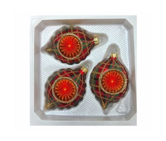 Coffret 3 gouttes de Noël verre soufflé motif tartan rouge vert doré réflecteur orangé doré rayonnant Ø7cm H10cm